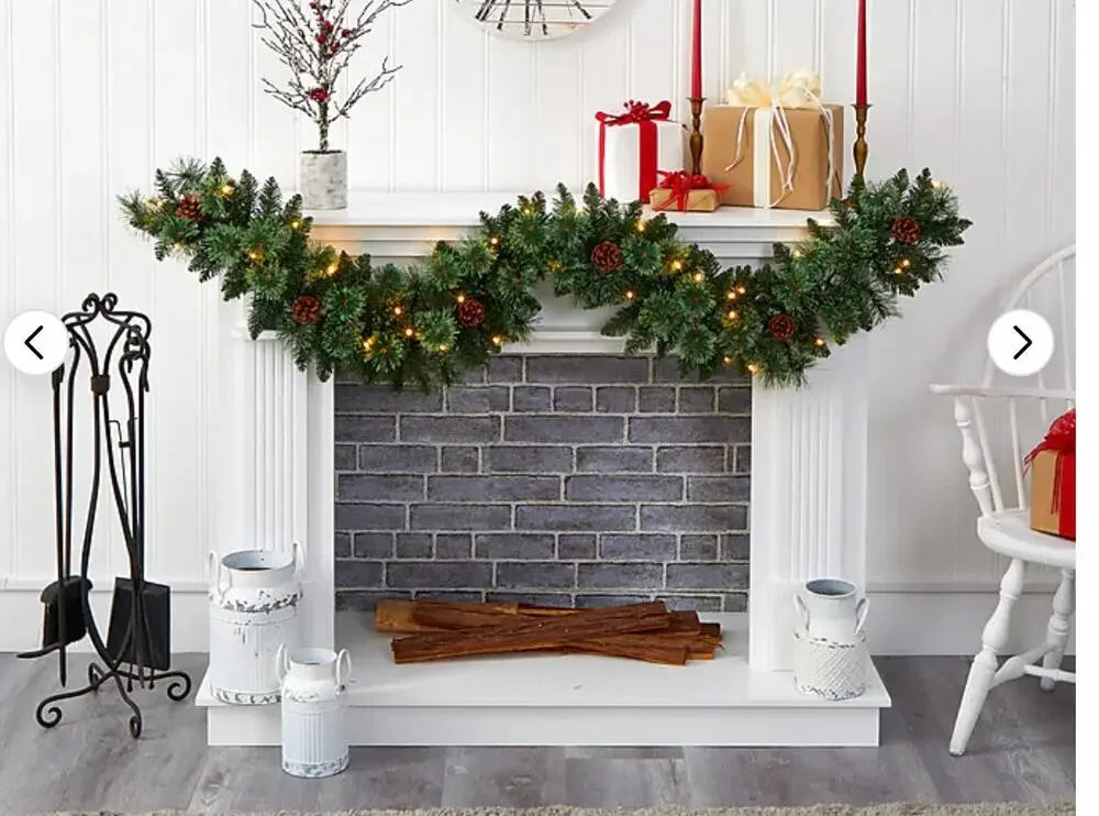 6-ft White Mountain Pine Garland Warm LED Lights and Pinecone